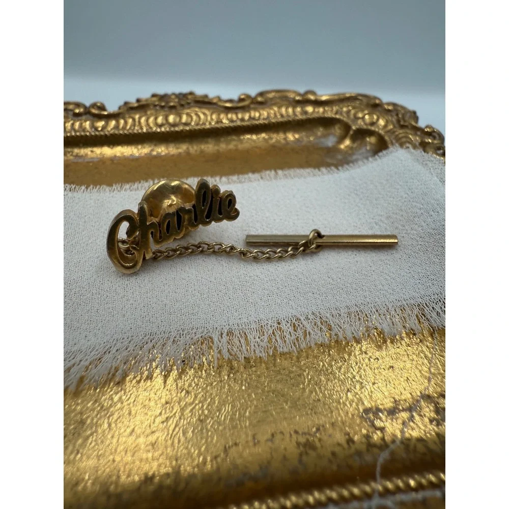 Vintage Charlie Name Tie Tack Gold Tone Script‎ Personalized Mens Accessory